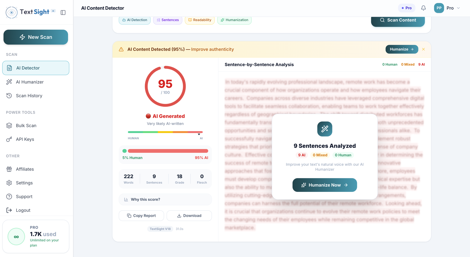 TextSight scoring an essay at 95/100 AI with sentence-level highlights