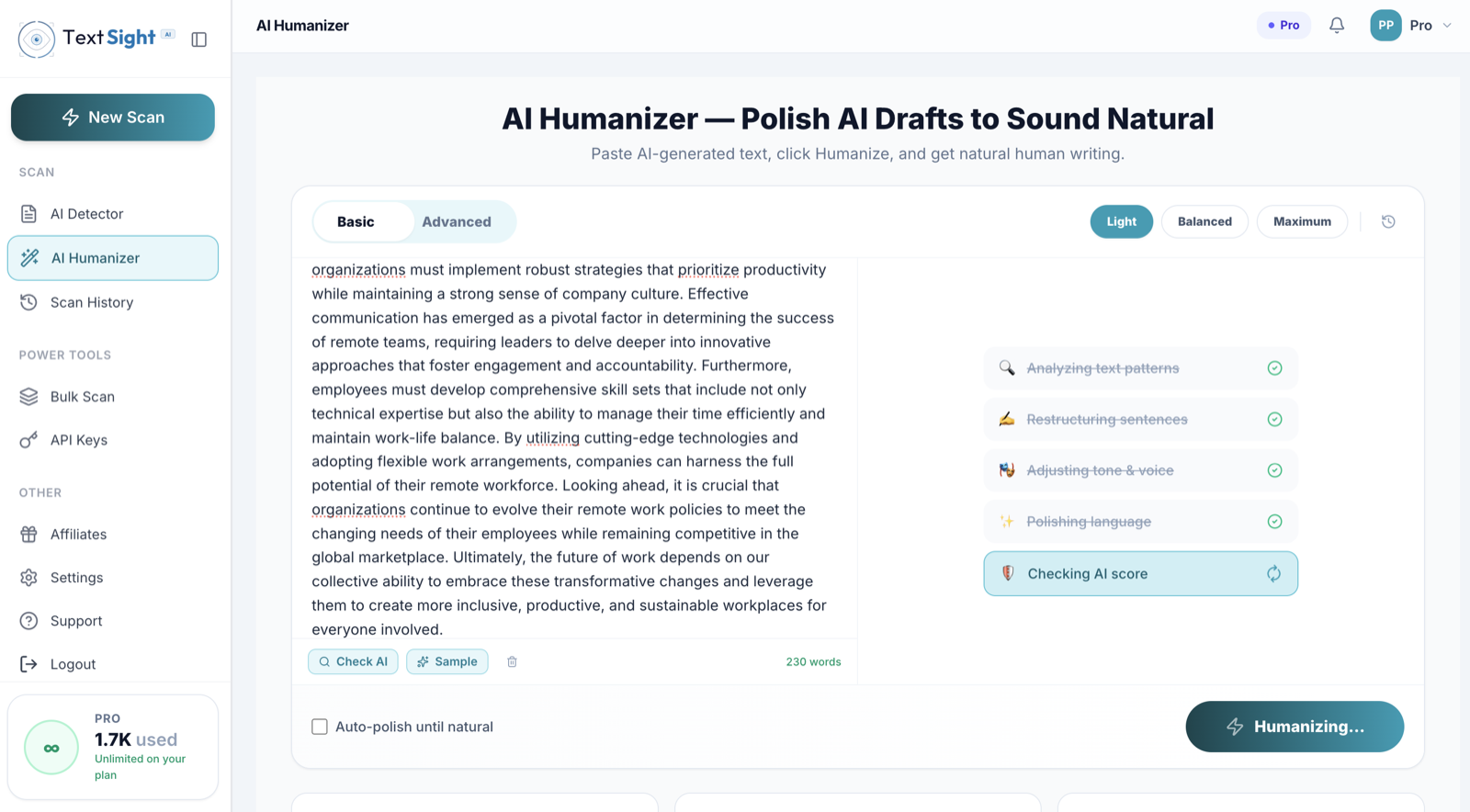 TextSight AI Humanizer with three intensity modes — the feature GPTZero does not have